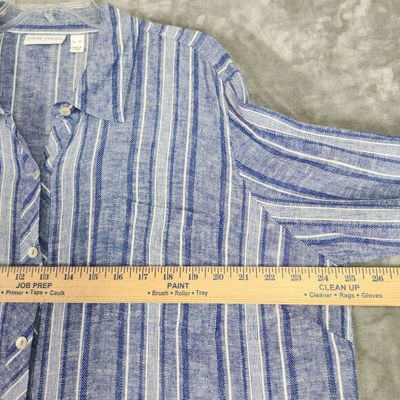 Susan Graver Blouse Womens XL Blue Stripe Linen Blend Cross-Dyed Button Tunic - Picture 9 of 10